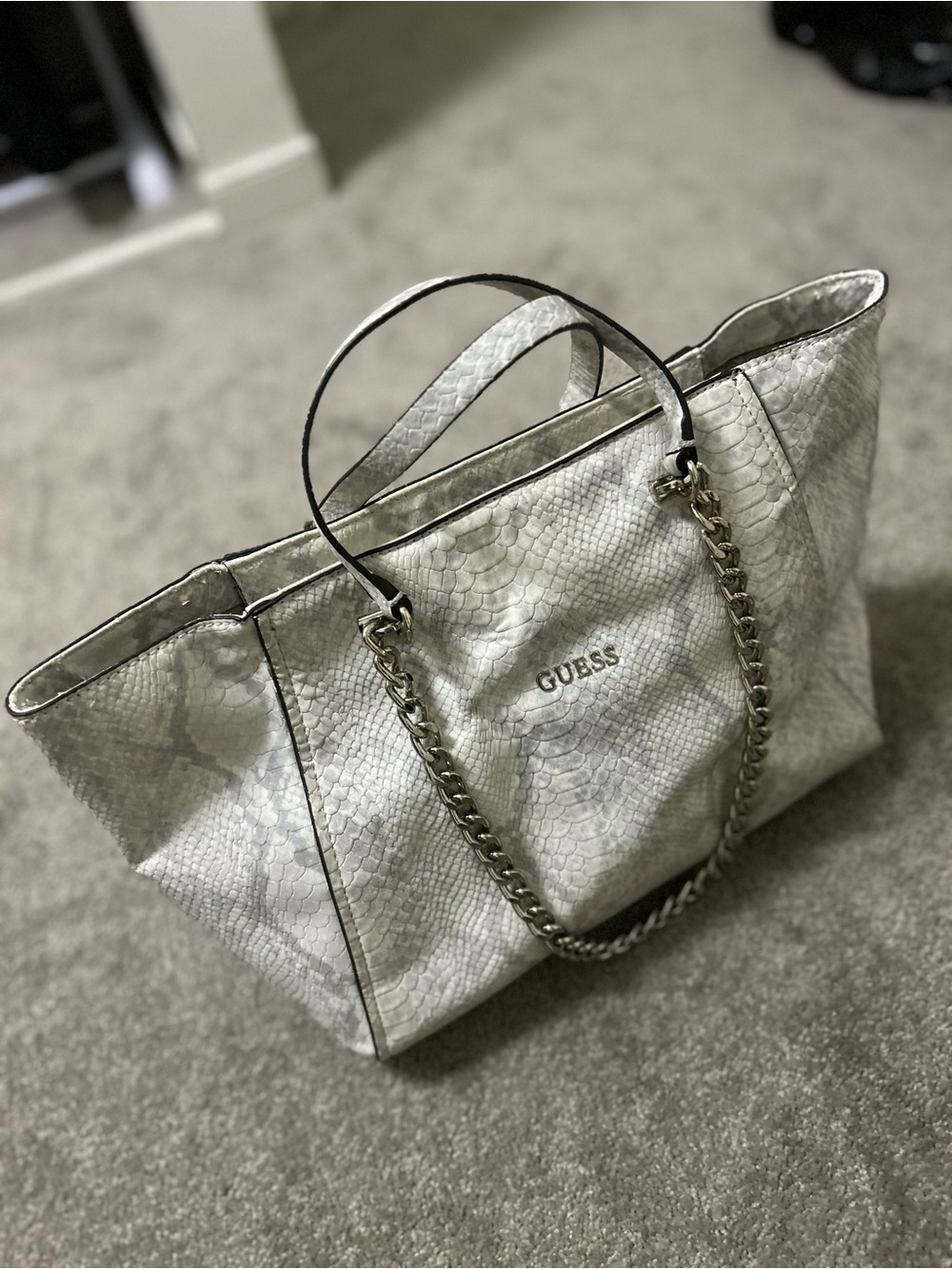GUESS Metallic Silver Snake-Embossed Tote with Chain Handles